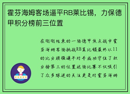 霍芬海姆客场逼平RB莱比锡，力保德甲积分榜前三位置